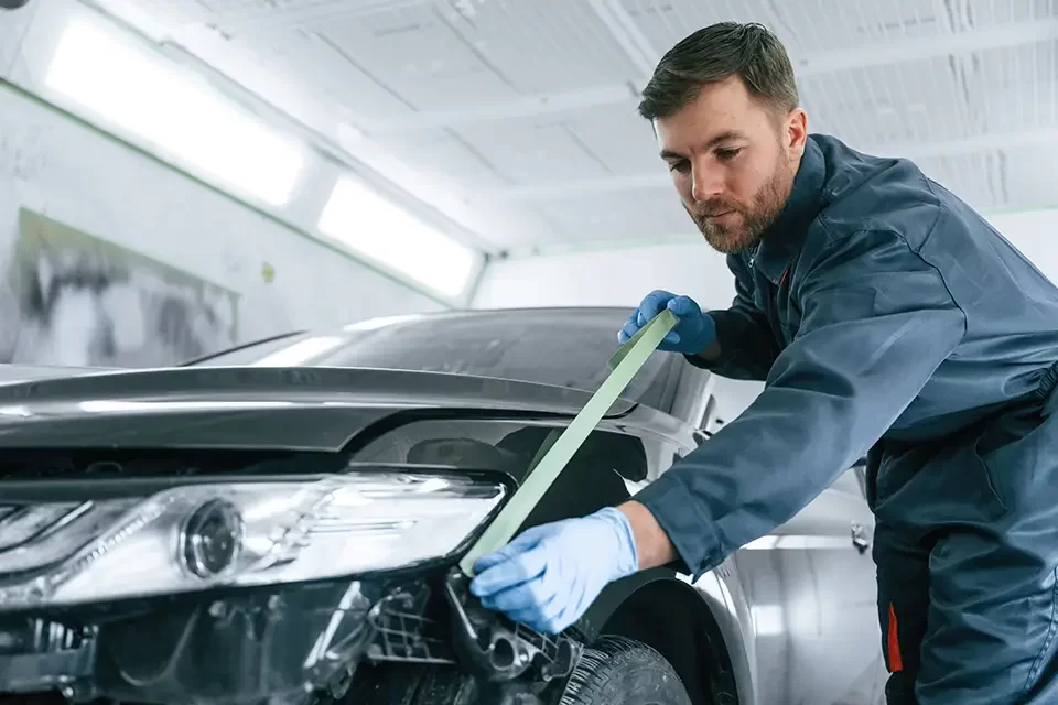 man-is-putting-tape-on-the-broken-surface Fast & Efficient Auto Repair Services for Nowruz