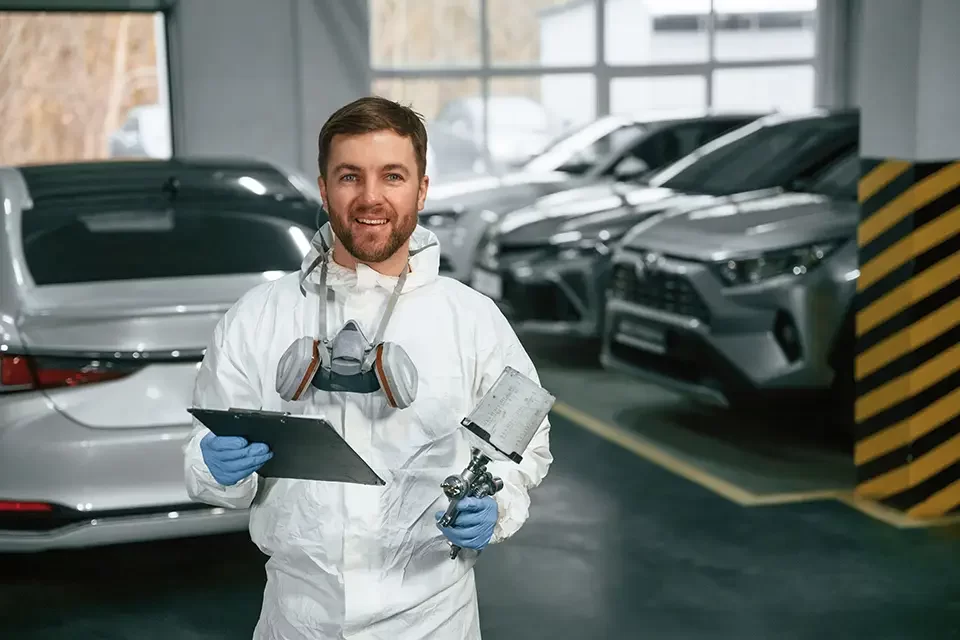 positive-facial-expression-car-painter-is-standin مراحل صافکاری خودرو با دستگاه