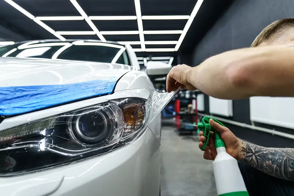 sticker-of-a-protective-film-on-the-headlight. The Bumper Scratch Repair Process